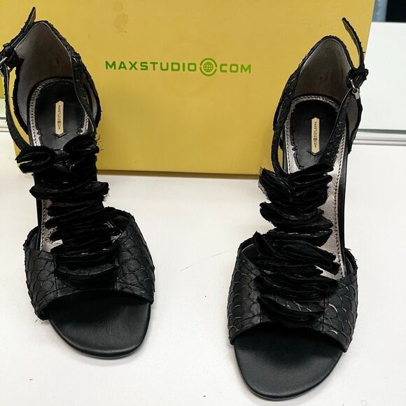 Max Studio Vintage Deadstock Black Serita Fishskin Open Toe Strappy Pump - Picture 4 of 12